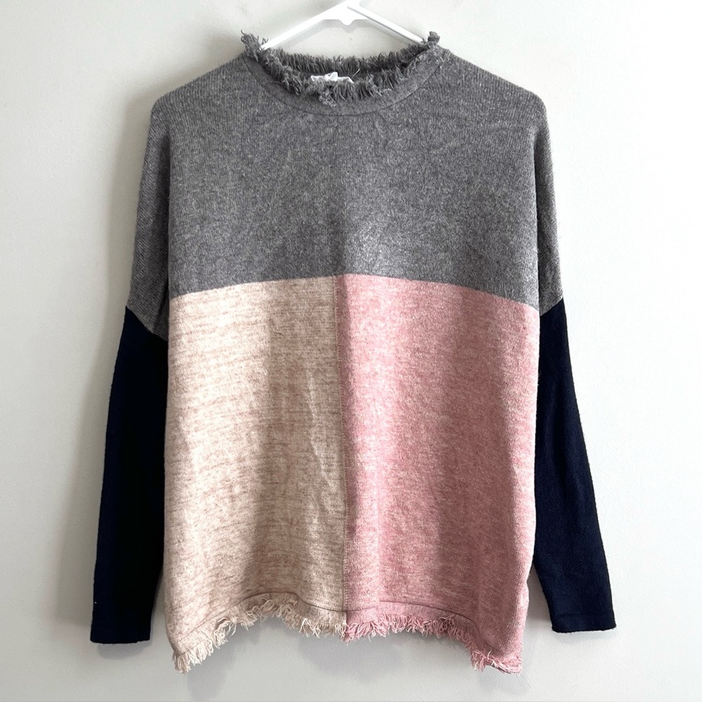 THML Colorblock Fringe Crewneck Sweater